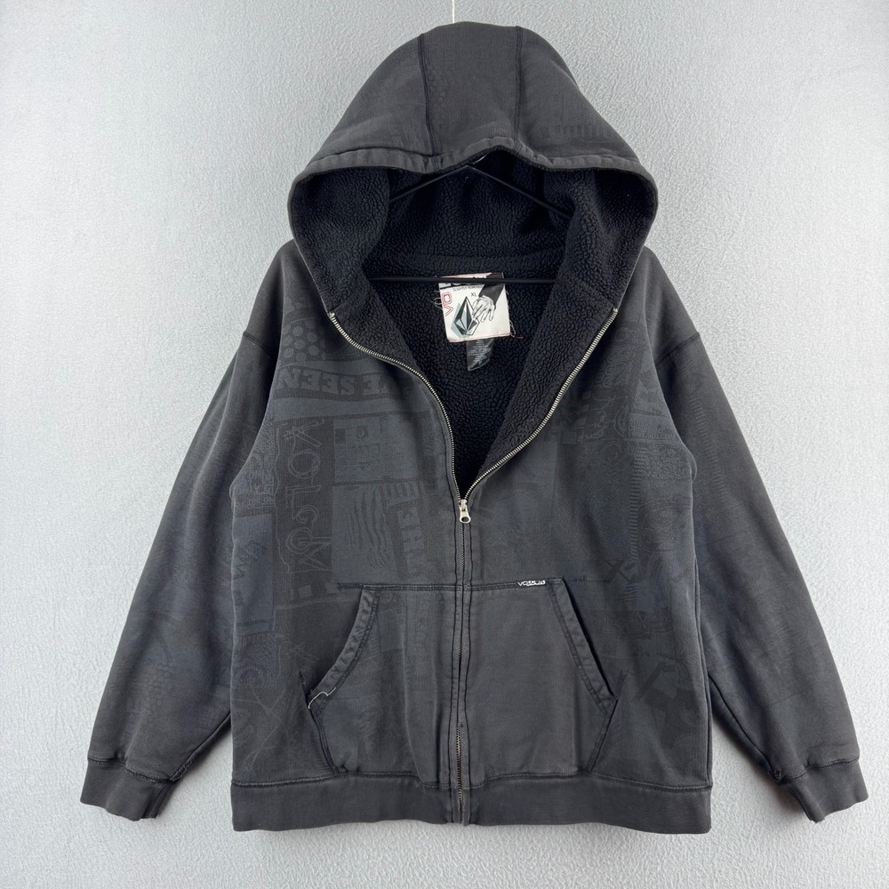 Vintage Volcom Hoodie Mens XL (Fits L 22x24) Faded Black Sherpa Lined AOP Y2K